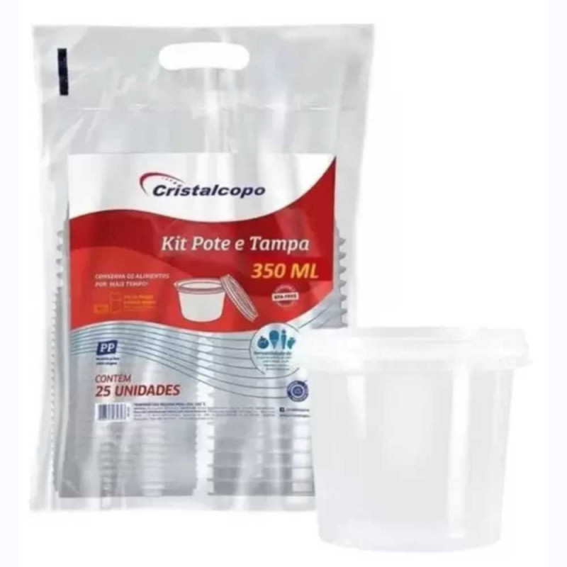 Kit Pote Com Tampa 350ml Pacote com 25 Unidades Cristalcopo